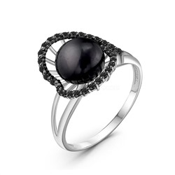 Кольцо женское из серебра с культ.чёрным жемчугом и чёрной шпинелью родированное 925 пробы 04-701-0024