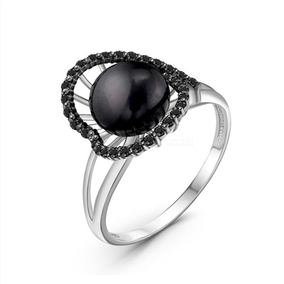 Кольцо женское из серебра с культ.чёрным жемчугом и чёрной шпинелью родированное 925 пробы 04-701-0024