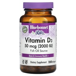 Bluebonnet Nutrition, витамин D3, 50 мкг (2000 МЕ), 250 капсул