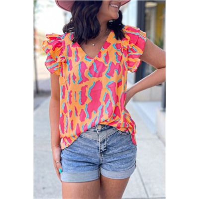 Orange Abstract Print V Neck Ruffled Sleeve Blouse