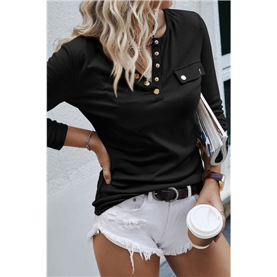 Black Long Sleeve Snap Button Henley Top