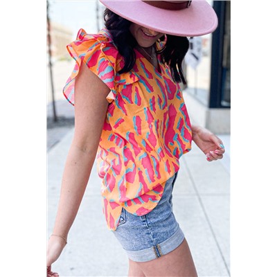 Orange Abstract Print V Neck Ruffled Sleeve Blouse