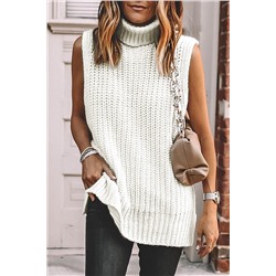 White Turtleneck Knitted Slit Hem Sweater Vest