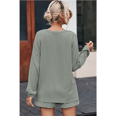 Grass Green Corded V Neck Slouchy Top Pocketed Shorts Set