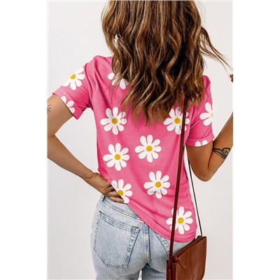 Pink Daisy Printed Crewneck T Shirt