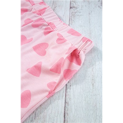 Pink Valentine Heart Shape Print Long Sleeve Top Shorts Lounge Set