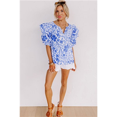 Dark Blue Floral Print Ruffled Bubble Sleeve Blouse