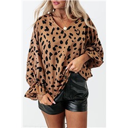 Леопардовая блуза с V-образным вырезом и объемным рукавом