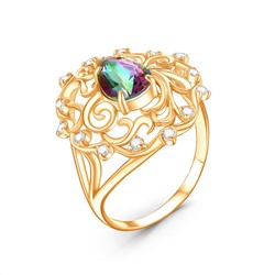 Кольцо женское из золочёного серебра с плавленым кварцем цвета мистик и фианитами 925 пробы К1179з152