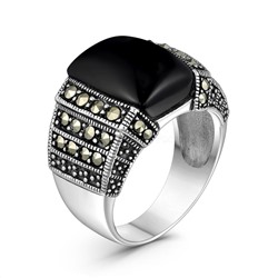 Кольцо роскошное женское из чернёного серебра с натуральным ониксом и марказитами 925 пробы HR-876о