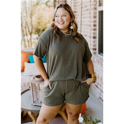 Moss Green Plus Size Rib Knit Short Sleeve Top and Shorts Set