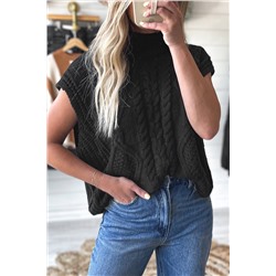 Black Solid Color Cable Knit High Neck Sweater Vest