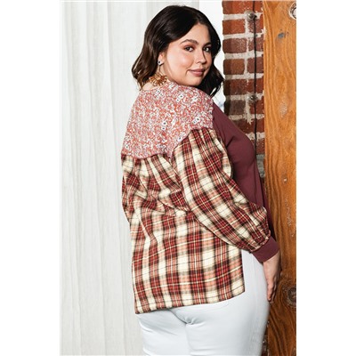 Red Dahlia Mixed Print Half Buttons Plus Size Pullover Top