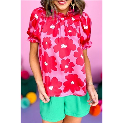 Rose Floral Puff Sleeve Frill Neckline Blouse