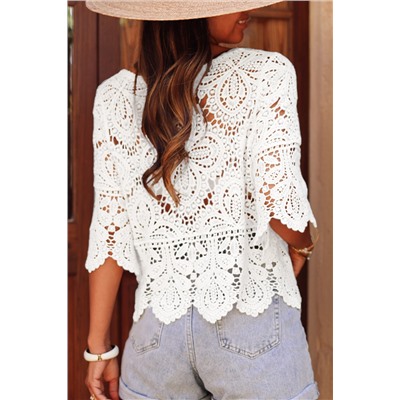 Oatmeal Bohemian Macrame Lace Crochet Half Sleeve Blouse