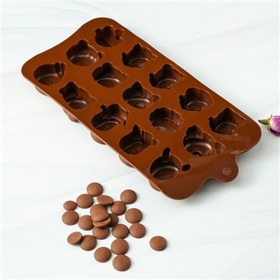 Форма для конфет и шоколада Доляна «Животные. Любовь», силикон, 20,6×10,5×1,4 см, 15 ячеек, цвет коричневый