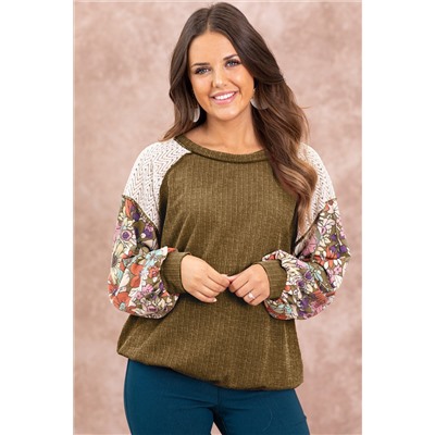 Brown Floral Patchwork Puff Sleeve Textured Blouse