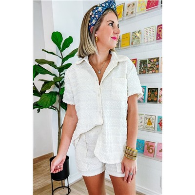 White Textured Stripes Short Sleeve Shirts and Shorts Set