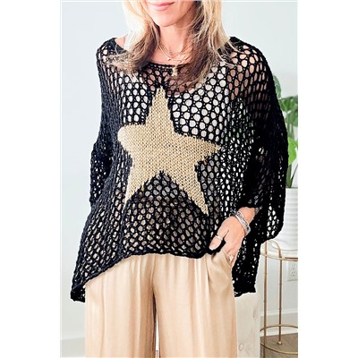 Black Star Graphic Crochet Knitted Summer Sweater Top