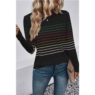 Black Multicolor Striped Crew Neck Long Sleeve Top