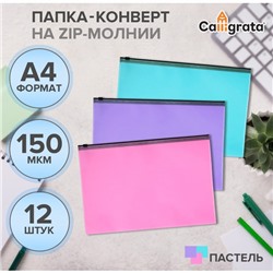 Набор папок-конверт на ZIP-молнии А4, 150 мкм, Calligrata  Pastel, c черной молнией, полупрозрачные, пастель, 12 штук, микс