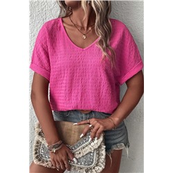 Bright Pink Plus Size Textured Folded Sleeve V Neck T Shirt