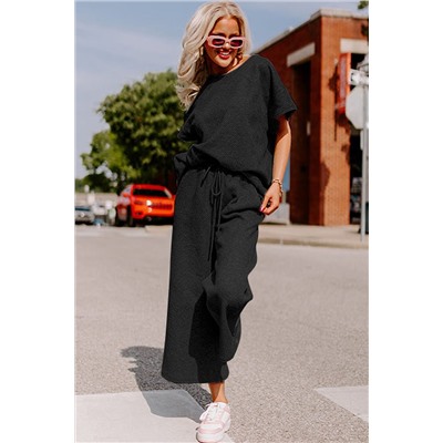 Black Textured Loose Fit T Shirt and Drawstring Pants Set