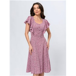 Платье лилового цвета длины миди с цветочным принтом и короткими рукавами