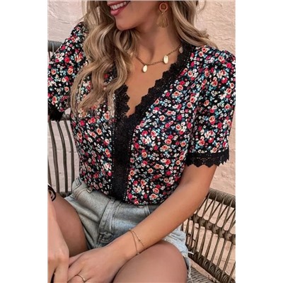 Multicolor Ditsy Floral Lace Trim Casual Blouse