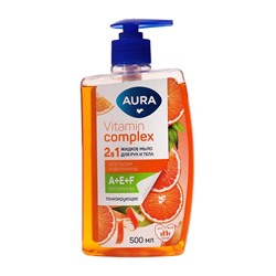 Жидкое мыло 2в1 для рук и тела AURA Vitamin Complex Апельсин и витамины с дозатором, 500 мл