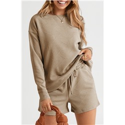 Apricot khaki Textured Long Sleeve Top and Drawstring Shorts Set