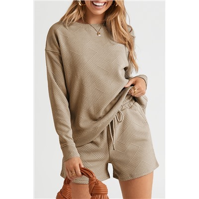 Apricot khaki Textured Long Sleeve Top and Drawstring Shorts Set