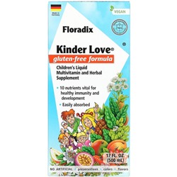 Gaia Herbs, Floradix, Kinder Love, жидкая мультивитаминная и травяная добавка для детей, без глютена, 500 мл (17 жидк. Унций)