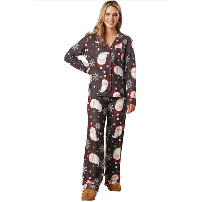 White Printed Christmas Santa Claus Print Shirt and Pants Pajama Set