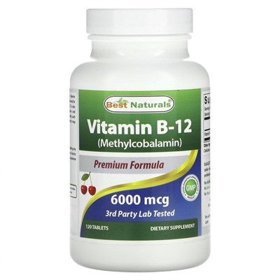 Best Naturals, Витамин B12 (метилкобаламин), 6000 мкг, 120 таблеток
