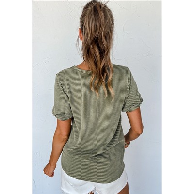 Laurel Green Twist Short Sleeve Corded V Neck Top