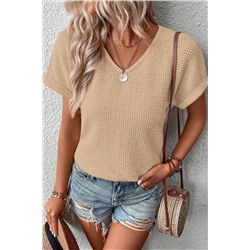 Oatmeal Textured Knit Button Back Cuffed Sleeve Tee