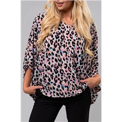 Pink Multicolor Leopard Print V Neck Oversized Blouse