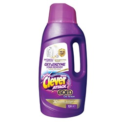 Пятновыводитель Жидкий Clever ATTACK GOLD Oxi Action CLOVIN для цветных тканей 1,5л, 778593