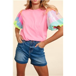 Pink Sequin Colorblock Striped Puff Sleeve Top