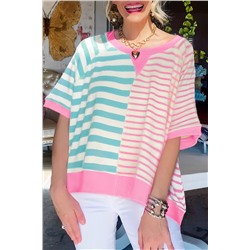 Pink Stripe Contrast Patchwork Oversized T Shirt