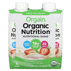 Orgain, Organic Nutrition, питательный коктейль, клубника и сливки, 4 упаковки по 330 мл (11 жидк. Унций)