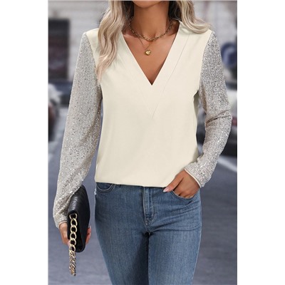 White Sequined Sleeves Patchwork V Neck Blouse