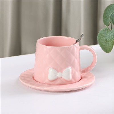 УЦЕНКА Чайная пара керамическая с ложкой «Бантик», 2 предмета: кружка 350 мл, блюдце d=15 см, цвет розовый