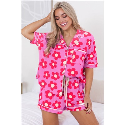 Pink Flower Print Short Sleeve Shirt Pajamas Set