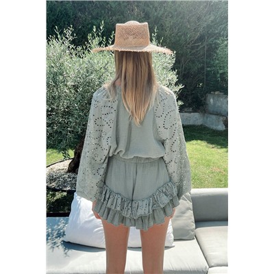 Mist Green Crinkled Eyelet Raglan Sleeve Top Ruffled Shorts Set