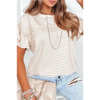 Apricot Striped Lace Splicing Ruffle Sleeve T-shirt