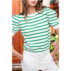 Green Stripe Puff Sleeve Elegant T-shirt