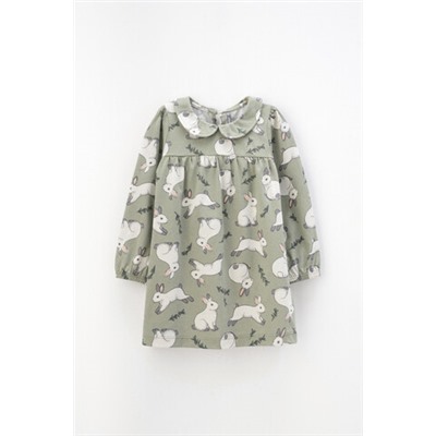 Платье  для девочки  КР 5834/оливковый хаки,нежные зайчики к435