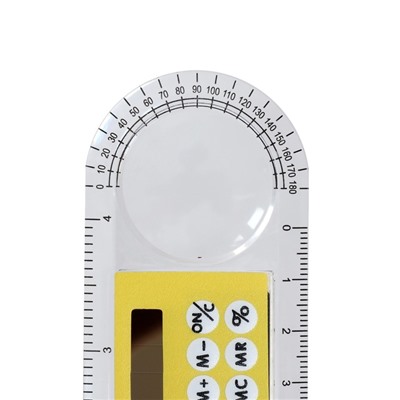Калькулятор - линейка, 10 см, 8 - разрядный, корпус прозрачного цвета, с транспортиром, работает от света, МИКС